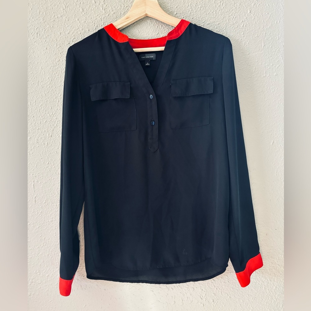 The Limited Blue Blouse with Red Lining, size small.